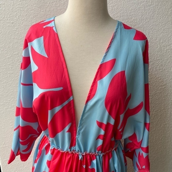 Caftan Maxi‎ Tunic Blue and Pink Floral Print Dress Small - Picture 4 of 15